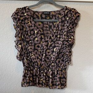 Express Women's Animal Print Ruffle Blouse - Brown and Gold